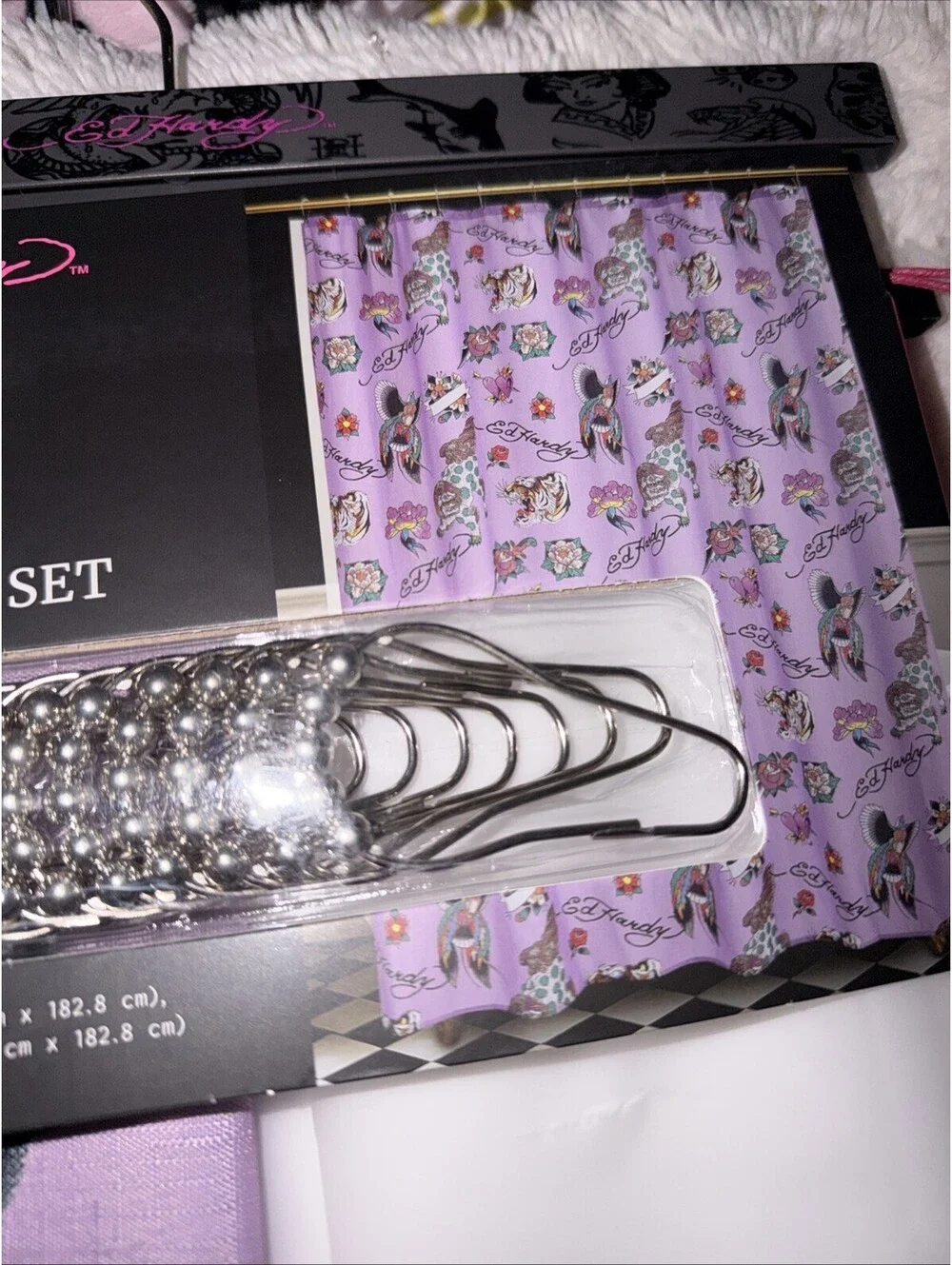 NWT! ED HARDY 14 - PIECE SHOWER CURTAIN - LIGHT PURPLE - 72 x 72
